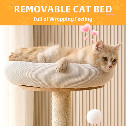 HITTITE Solid Wood Cat Tree Tower with Scratching Post, 37.8 Inches Tall Cat Towers with Scratching Board and Scratcher Ball, Modern Cat Tower With Space Capsule and Removable Top Bed for Indoor Cats.