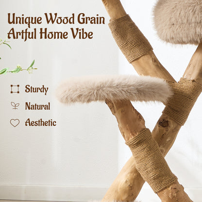 Hittite 38" Modern Cat Tree for Indoor Cats, Aesthetic Natural Wood Cat Tower with Branch-Style Scratching Posts, Luxury Plush Faux Fur Cat Beds with Natural Loft, Perch & Hanging Ball