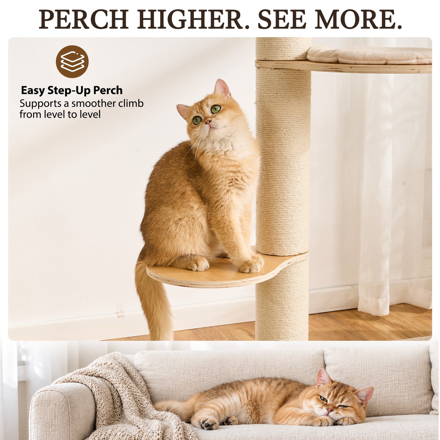 Floor to Ceiling Cat Tree, Adjustable 7.9–9.9 ft Tension Cat Tower, Modern Multi-Level Cat Tree with Thick Sisal Posts, Hidden Caves, Capsule & Perches, No Drilling