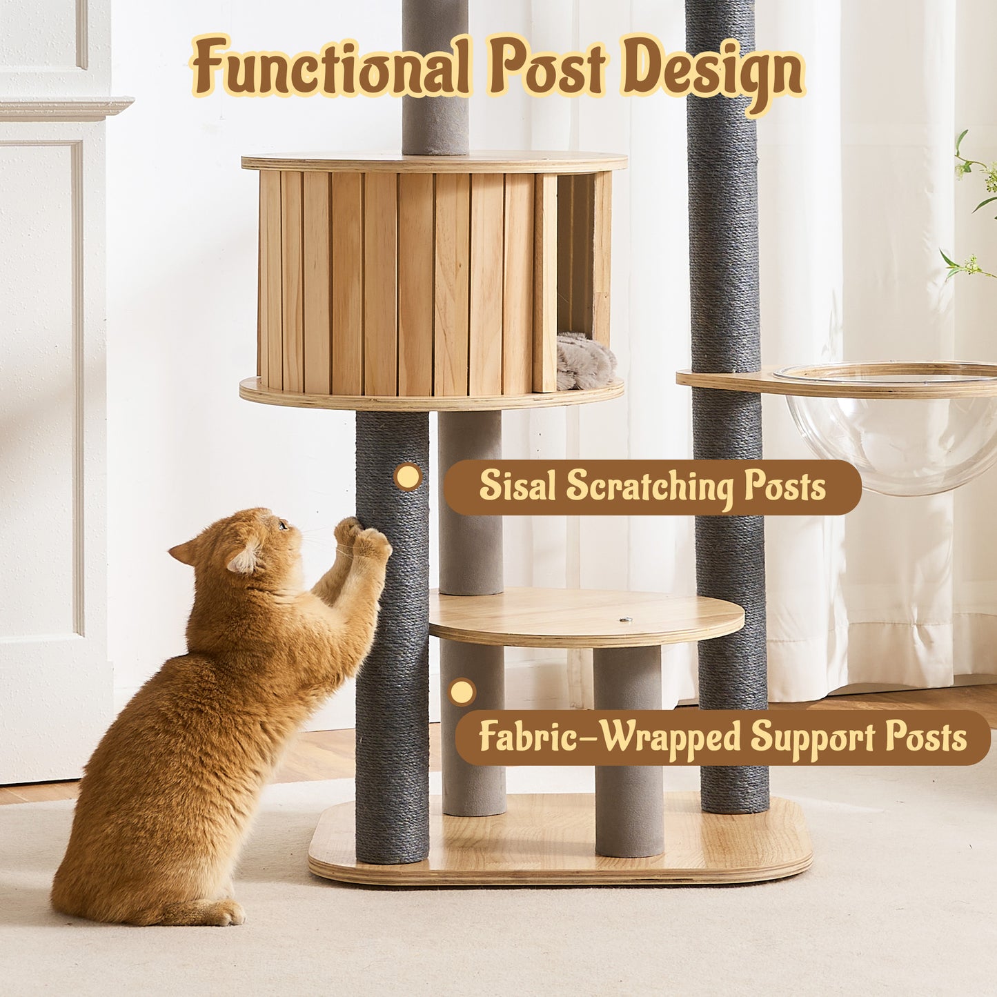 48" Modern Cat Tree for Indoor Cats with Scratching Posts, Multi-Level Wooden Cat Tower with Spacious Top Bed, Condo, Capsule Perch, Furniture-Style Cat Activity Center