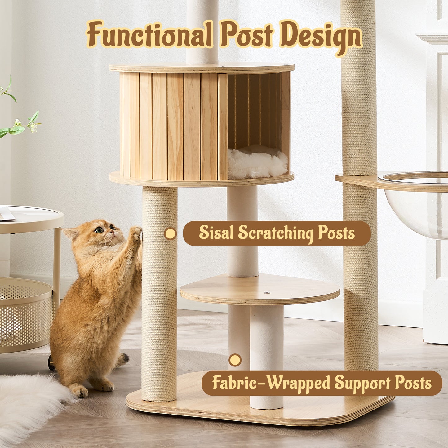 48" Modern Cat Tree for Indoor Cats with Scratching Posts, Multi-Level Wooden Cat Tower with Spacious Top Bed, Condo, Capsule Perch, Furniture-Style Cat Activity Center