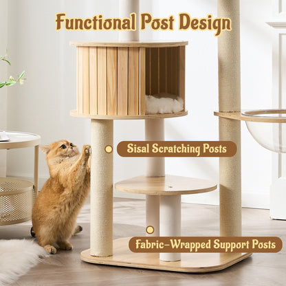 48" Modern Cat Tree for Indoor Cats with Scratching Posts, Multi-Level Wooden Cat Tower with Spacious Top Bed, Condo, Capsule Perch, Furniture-Style Cat Activity Center