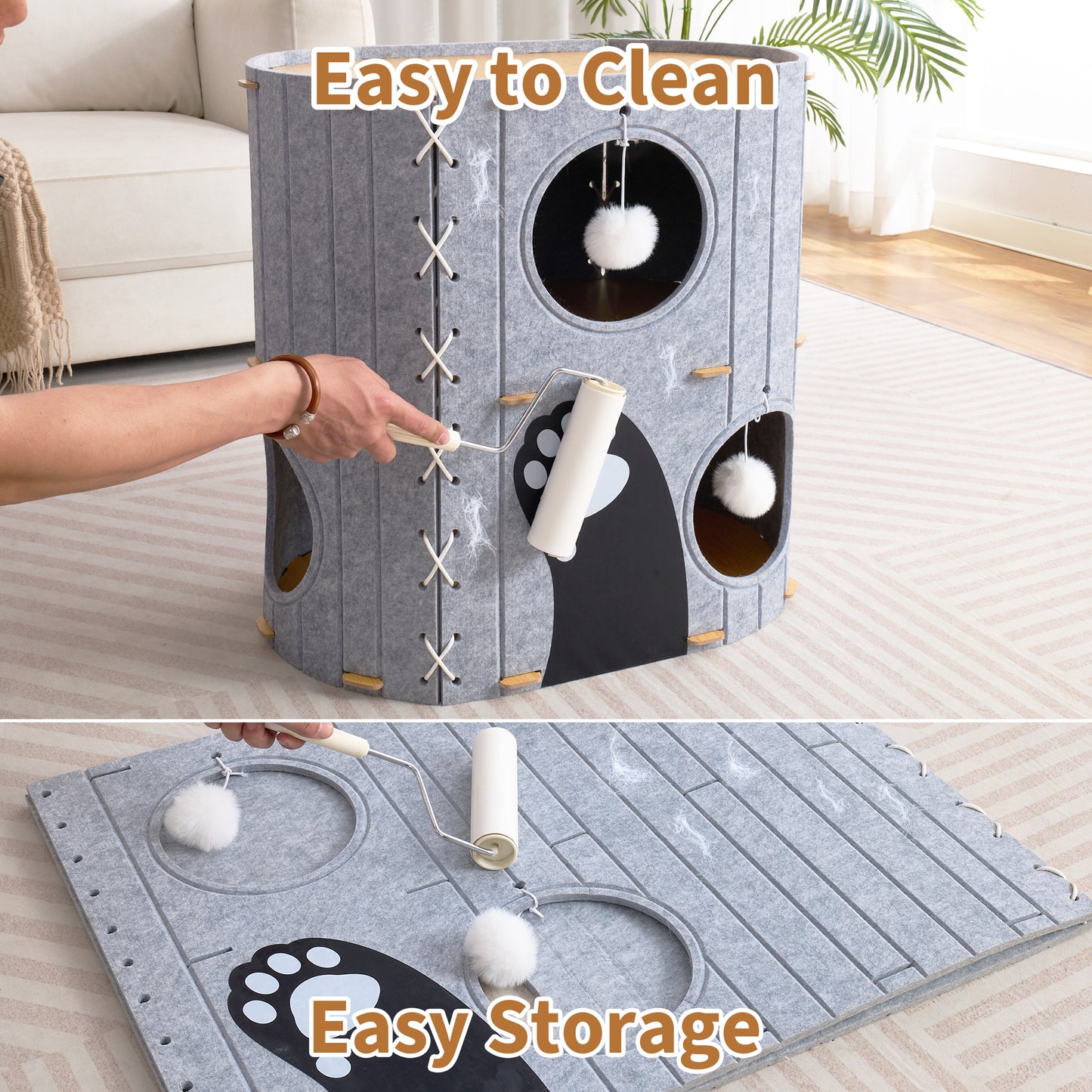797Audio Cat House for Indoor Cats,2-Storey 23" x 15" x 23" Large Felt Covered Cat Cave for Multiple Cats, Clawsable Enclosed Cat Hideout Houses&Condos with Fluffy Ball, Cozy Scratch Resistant House