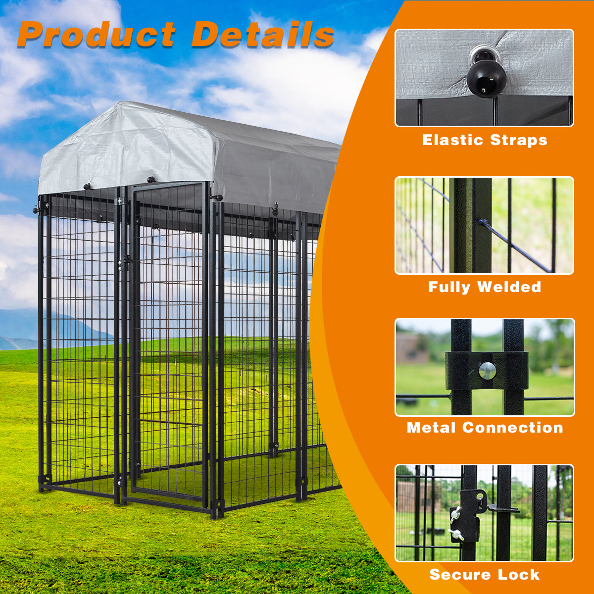 HITTITE Large Outdoor Dog Kennel, Heavy Duty Outdoor Dog Cage, Anti-Rust Dog Pens Outdoor with Waterproof UV-Resistant Cover and Secure Lock for Backyard,6'L x4' W x 6'H（with Roof）