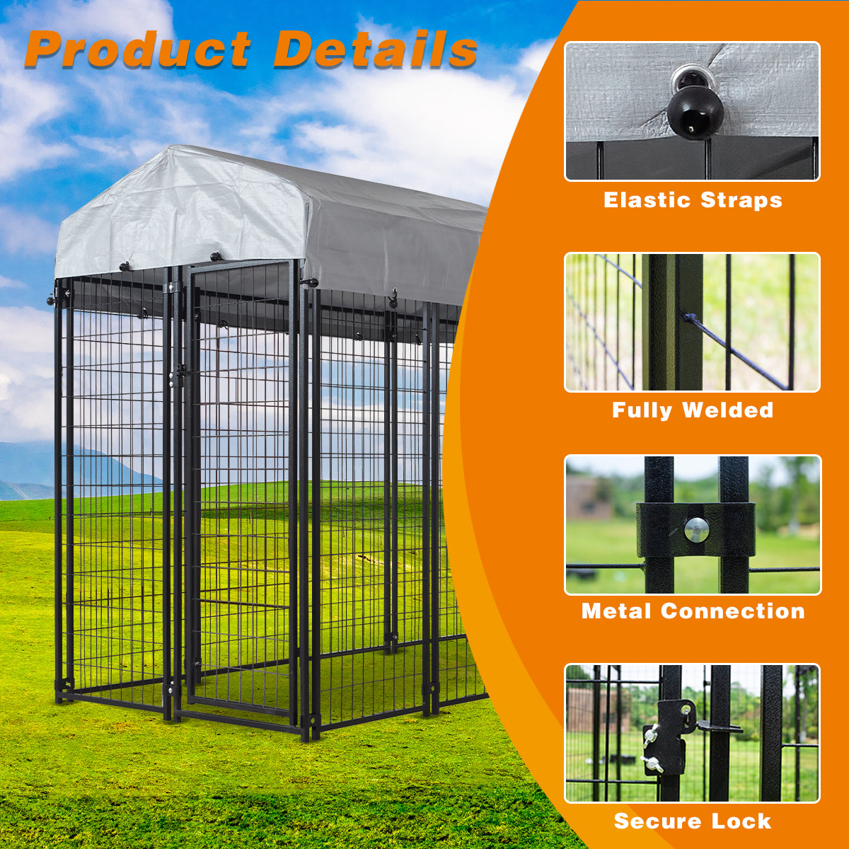 HITTITE Large Outdoor Dog Kennel, Heavy Duty Outdoor Dog Cage, Anti-Rust Dog Pens Outdoor with Waterproof UV-Resistant Cover and Secure Lock for Backyard,6&#39;L x4&#39; W x 6&#39;H（with Roof）