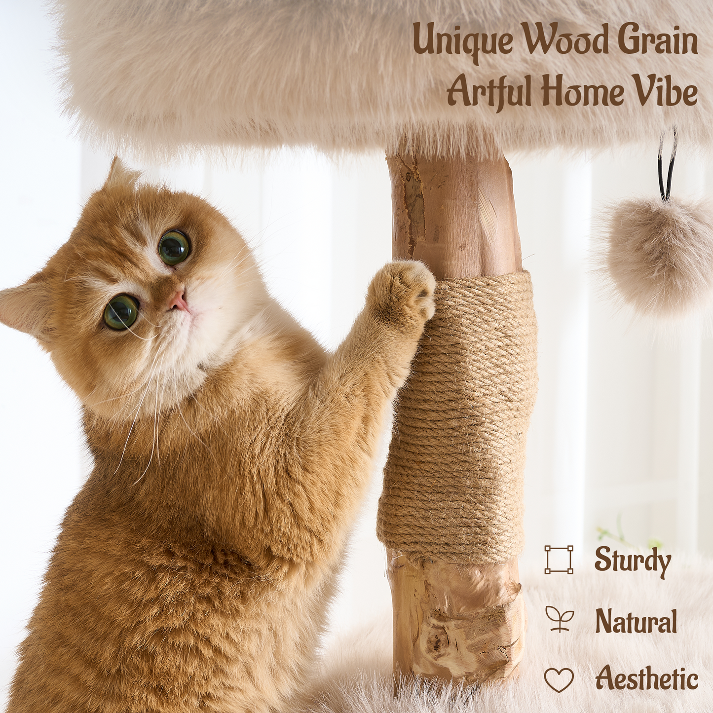 54"/ 58" Modern Aesthetic Cat Tree Tower for Indoor Cats with Branch-Style Natural Wood Scratching Posts, Luxury Plush Faux Fur Cat Bed with Natural Loft, Cave, Perches & Hanging Ball, Almond Khaki