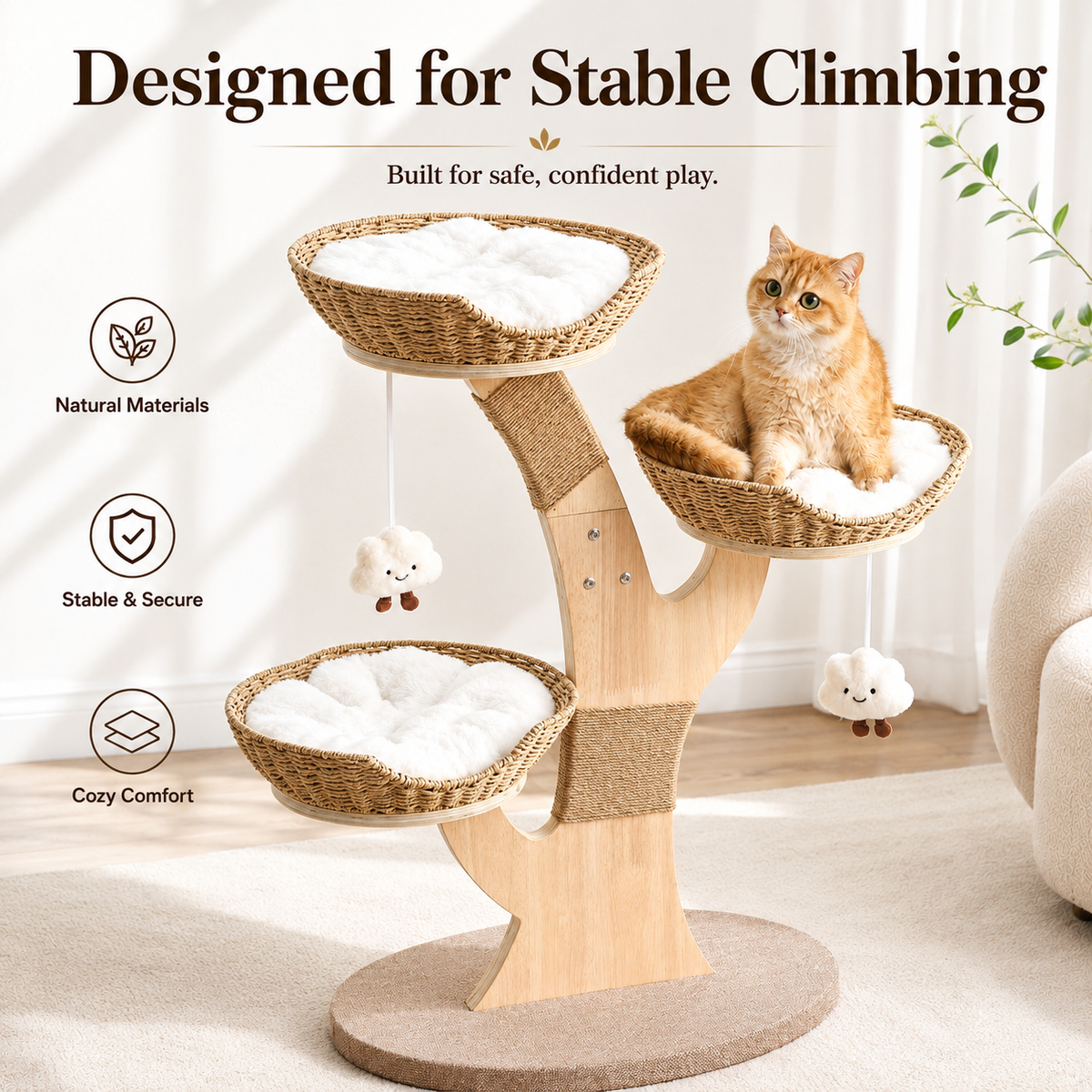 Modern Wood Cat Tree for Indoor Cats Small to Medium, Aesthetic Cat Tower with Handwoven Wicker Cat Beds, Sculpted Wood Branch Scratching Post & Interactive Squeaky Toys, Natural & White