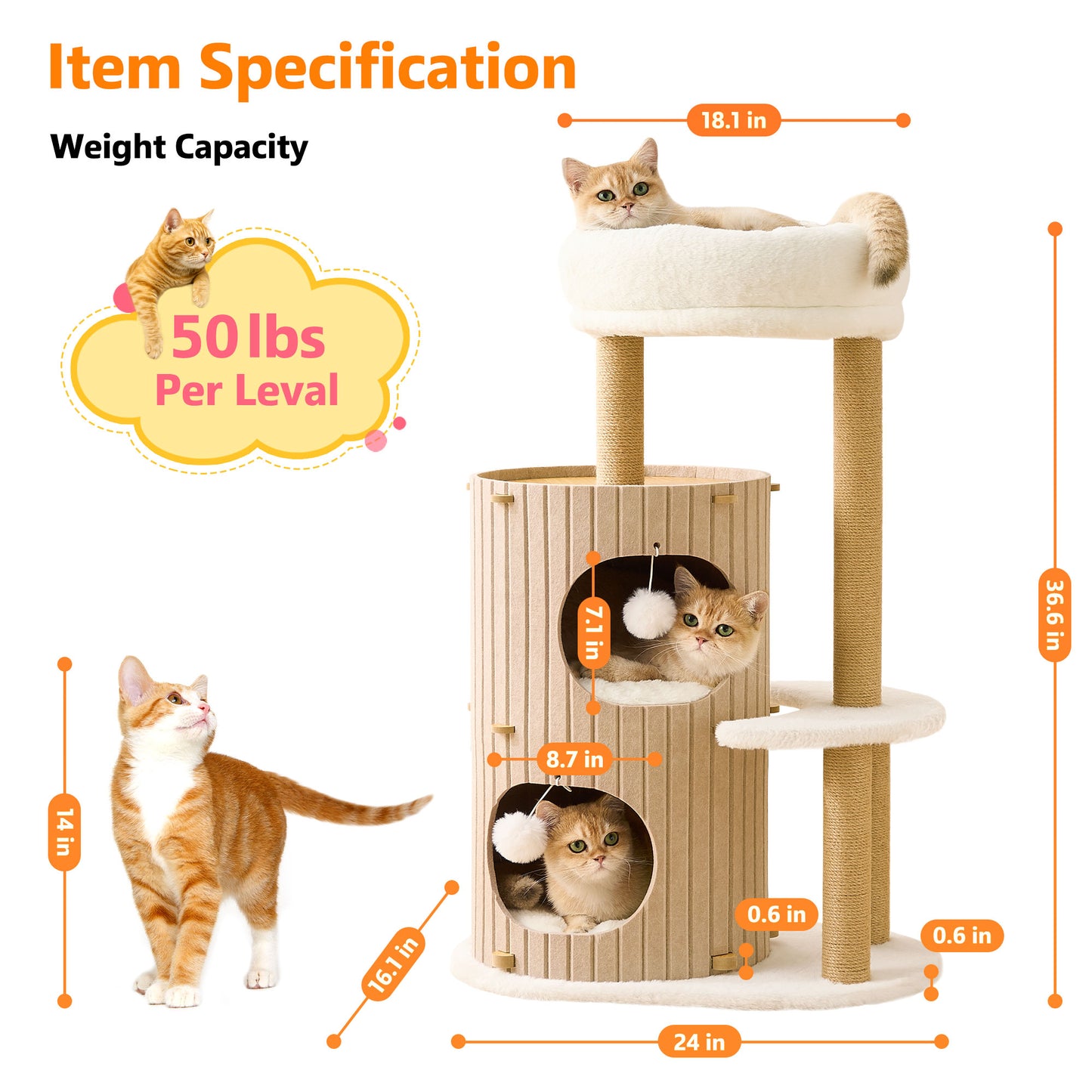 PawX Modern Cat Tree for Indoor Cats, 36in H Cat Condo Tower with Scratching Posts, Cozy Cat Bed Cave, Washable Cushions, Dangling Balls, Play & Nap Structure for All Breeds of Cats, Brown & White