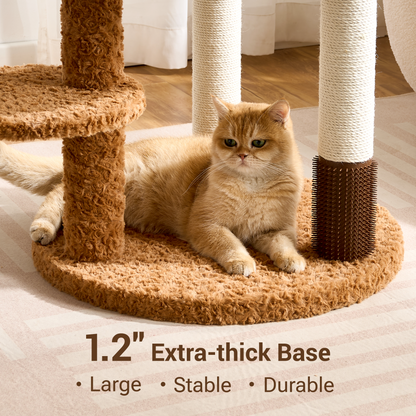 Modern Cat Tree Tower with Scratching Post for Indoor Cats, 50.5" Tall Cat Tree with Flower/Fluffy Cat Beds, Acrylic Capsule, Multi-Level Platforms & Interactive Toy, Brown/Pink