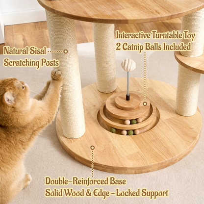 68" Tall Modern Wooden Cat Tree for Large Indoor Cats, Multi-Level Cat Tower with Sisal Scratching Posts, Spacious Top Perch, Condo & Capsule Bed, Turntable Toys, Stable Solid Wood Cat Furniture