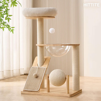 HITTITE Solid Wood Cat Tree Tower with Scratching Post, 37.8 Inches Tall Cat Towers with Scratching Board and Scratcher Ball, Modern Cat Tower With Space Capsule and Removable Top Bed for Indoor Cats.