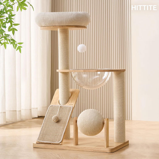 HITTITE Solid Wood Cat Tree Tower with Scratching Post, 37.8 Inches Tall Cat Towers with Scratching Board and Scratcher Ball, Modern Cat Tower With Space Capsule and Removable Top Bed for Indoor Cats.