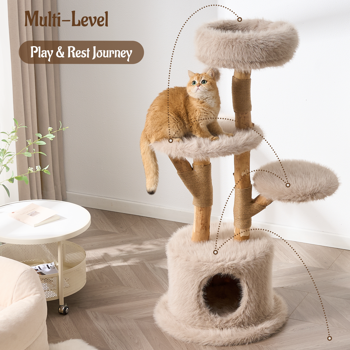 54"/ 58" Modern Aesthetic Cat Tree Tower for Indoor Cats with Branch-Style Natural Wood Scratching Posts, Luxury Plush Faux Fur Cat Bed with Natural Loft, Cave, Perches & Hanging Ball, Almond Khaki