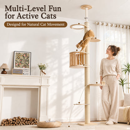 Floor to Ceiling Cat Tree, Adjustable 7.9–9.9 ft Tension Cat Tower, Modern Multi-Level Cat Tree with Thick Sisal Posts, Hidden Caves, Capsule & Perches, No Drilling