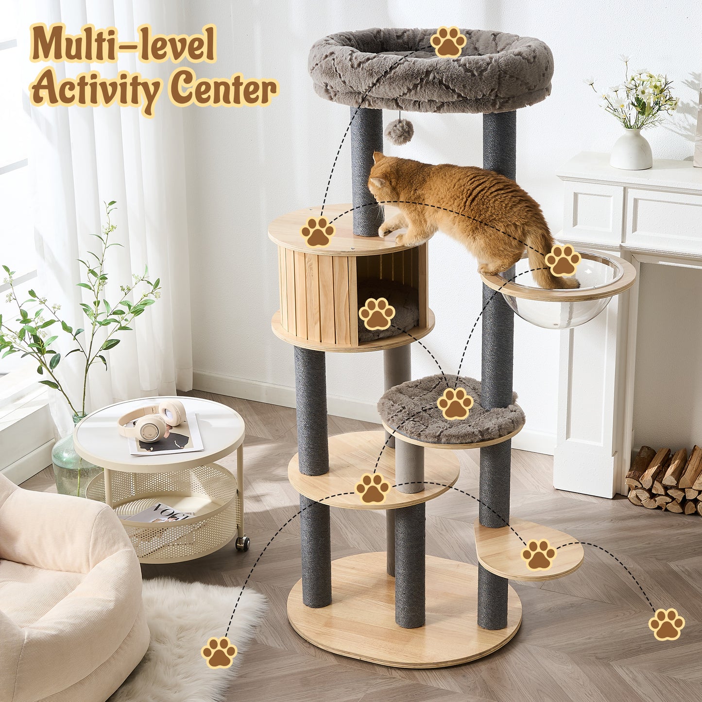 48" Modern Cat Tree for Indoor Cats with Scratching Posts, Multi-Level Wooden Cat Tower with Spacious Top Bed, Condo, Capsule Perch, Furniture-Style Cat Activity Center