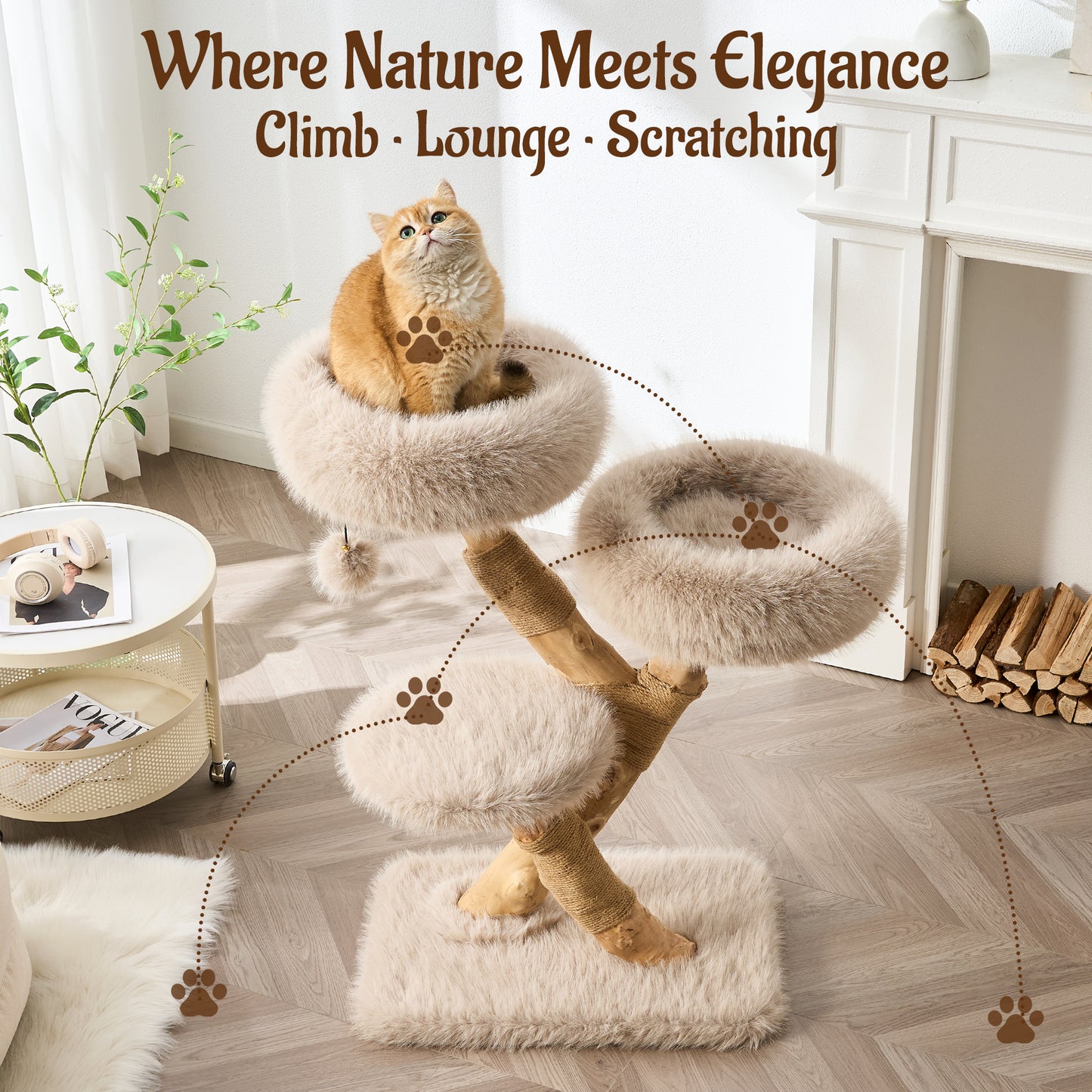 Hittite 38" Modern Cat Tree for Indoor Cats, Aesthetic Natural Wood Cat Tower with Branch-Style Scratching Posts, Luxury Plush Faux Fur Cat Beds with Natural Loft, Perch & Hanging Ball