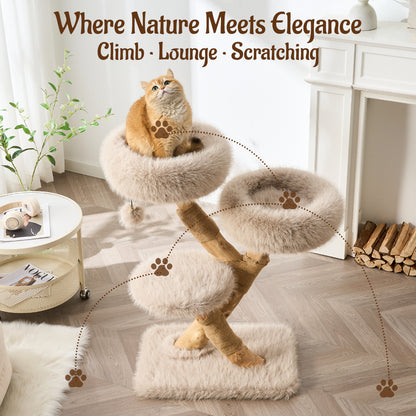 Hittite 38" Modern Cat Tree for Indoor Cats, Aesthetic Natural Wood Cat Tower with Branch-Style Scratching Posts, Luxury Plush Faux Fur Cat Beds with Natural Loft, Perch & Hanging Ball