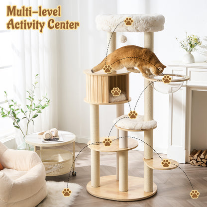 48" Modern Cat Tree for Indoor Cats with Scratching Posts, Multi-Level Wooden Cat Tower with Spacious Top Bed, Condo, Capsule Perch, Furniture-Style Cat Activity Center