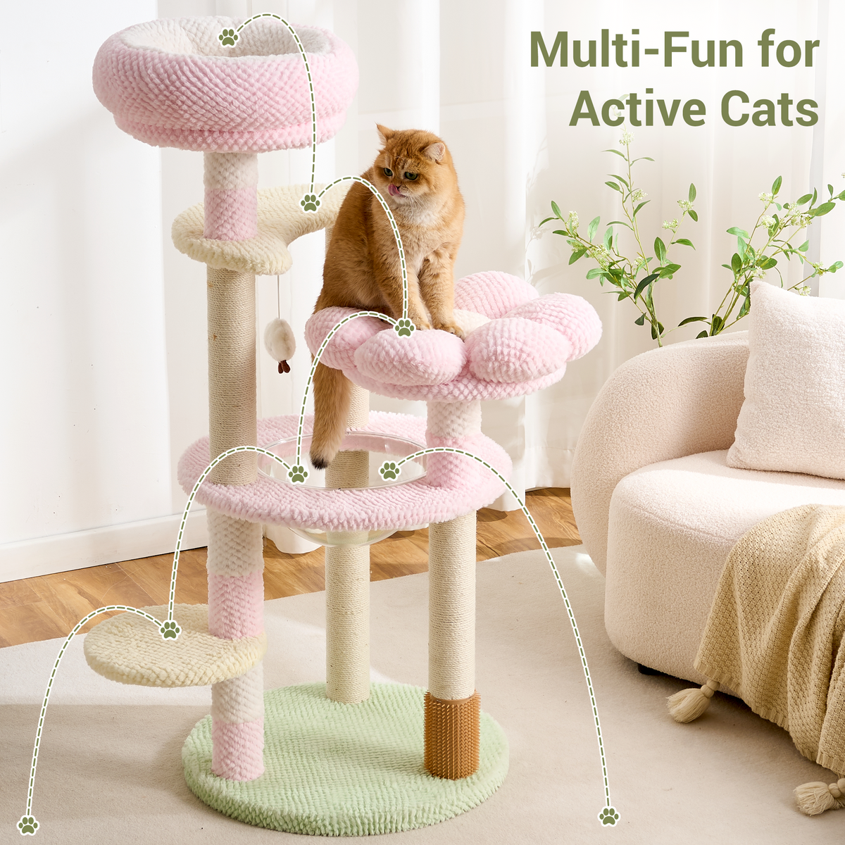 Modern Cat Tree Tower with Scratching Post for Indoor Cats, 50.5" Tall Cat Tree with Flower/Fluffy Cat Beds, Acrylic Capsule, Multi-Level Platforms & Interactive Toy, Brown/Pink