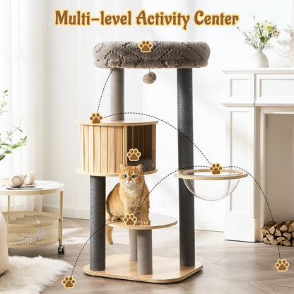 48" Modern Cat Tree for Indoor Cats with Scratching Posts, Multi-Level Wooden Cat Tower with Spacious Top Bed, Condo, Capsule Perch, Furniture-Style Cat Activity Center
