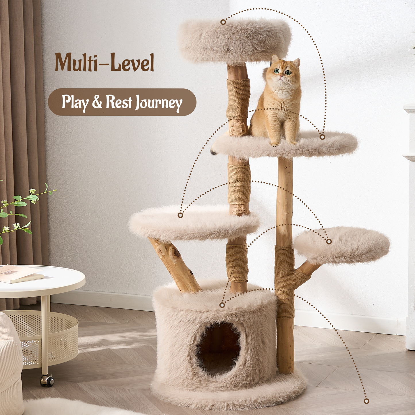 54"/ 58" Modern Aesthetic Cat Tree Tower for Indoor Cats with Branch-Style Natural Wood Scratching Posts, Luxury Plush Faux Fur Cat Bed with Natural Loft, Cave, Perches & Hanging Ball, Almond Khaki