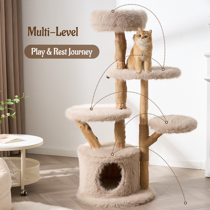 54"/ 58" Modern Aesthetic Cat Tree Tower for Indoor Cats with Branch-Style Natural Wood Scratching Posts, Luxury Plush Faux Fur Cat Bed with Natural Loft, Cave, Perches & Hanging Ball, Almond Khaki
