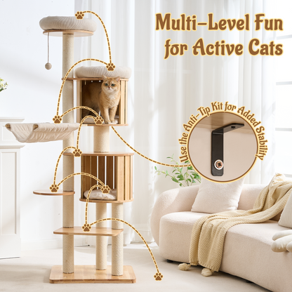 70" Modern Wood Cat Tree for Indoor Cats, Multi-Level Cat Tower with 2 Hidden Cat Caves, Hammock, Elevated Top Beds & Sisal Scratching Posts, Furniture-Style Cat Condo for Multi-Cat Homes