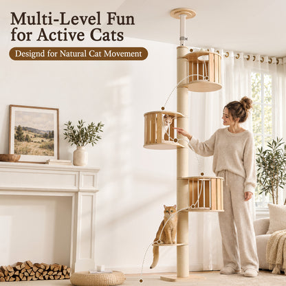 Floor to Ceiling Cat Tree, Adjustable 7.9–9.9 ft Tension Cat Tower, Modern Multi-Level Cat Tree with Thick Sisal Posts, Hidden Caves, Capsule & Perches, No Drilling