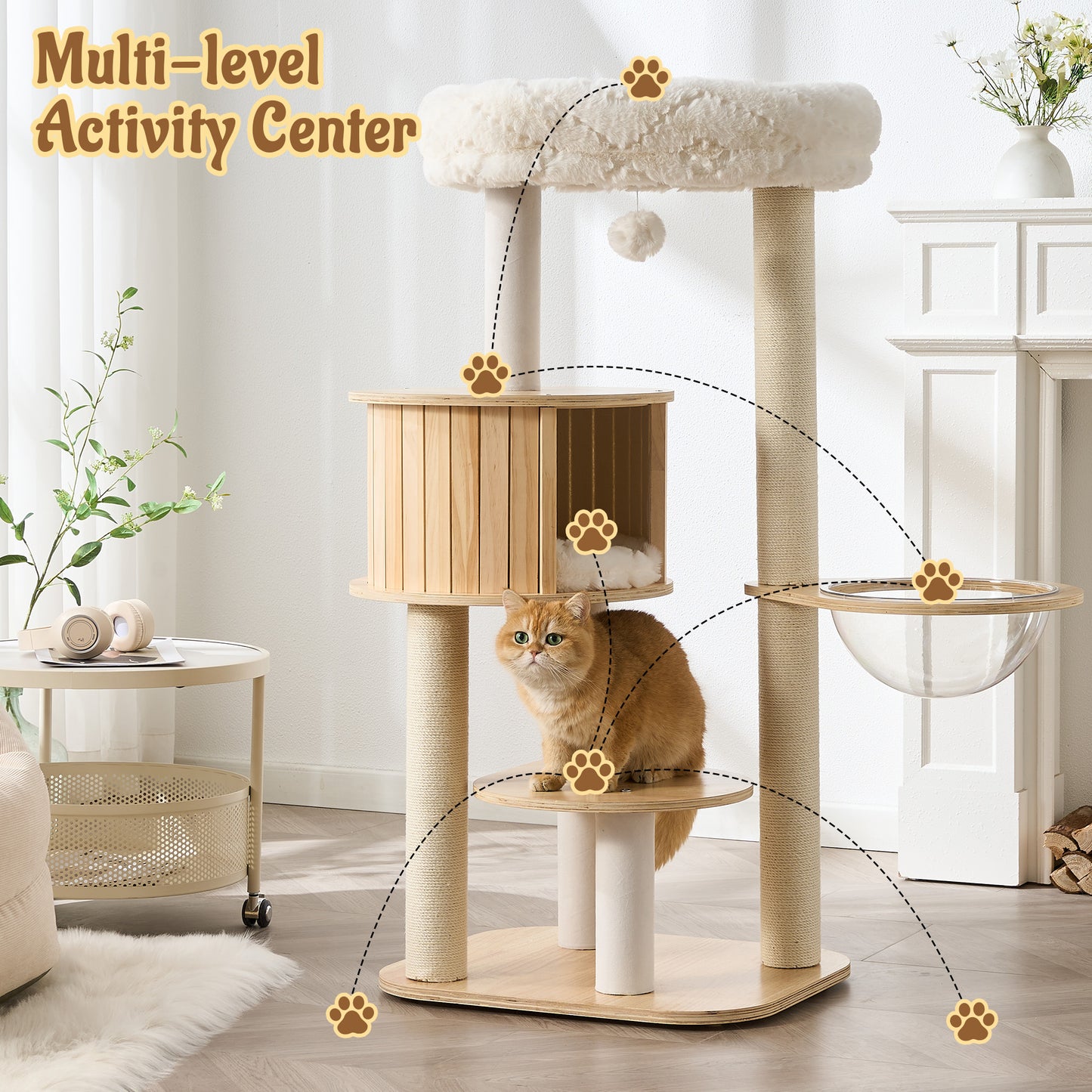 48" Modern Cat Tree for Indoor Cats with Scratching Posts, Multi-Level Wooden Cat Tower with Spacious Top Bed, Condo, Capsule Perch, Furniture-Style Cat Activity Center