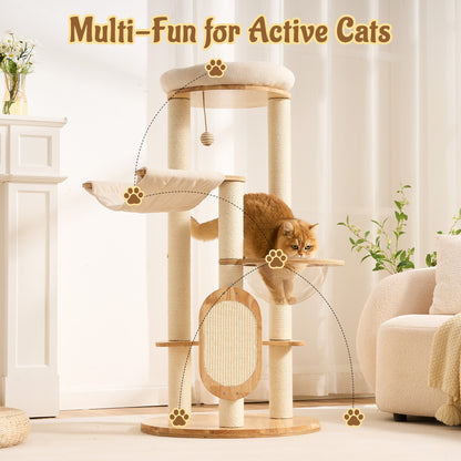 Modern Solid Wood Cat Tree for Indoor Cats Up to 15lbs, 49" Tall Cat Tower with Scratching Posts & Scratcher, Large Cat Bed, Hammock, Capsule Nest, Dangling Ball, Multi-Level Cat Furniture