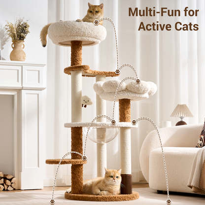 Modern Cat Tree Tower with Scratching Post for Indoor Cats, 50.5" Tall Cat Tree with Flower/Fluffy Cat Beds, Acrylic Capsule, Multi-Level Platforms & Interactive Toy, Brown/Pink