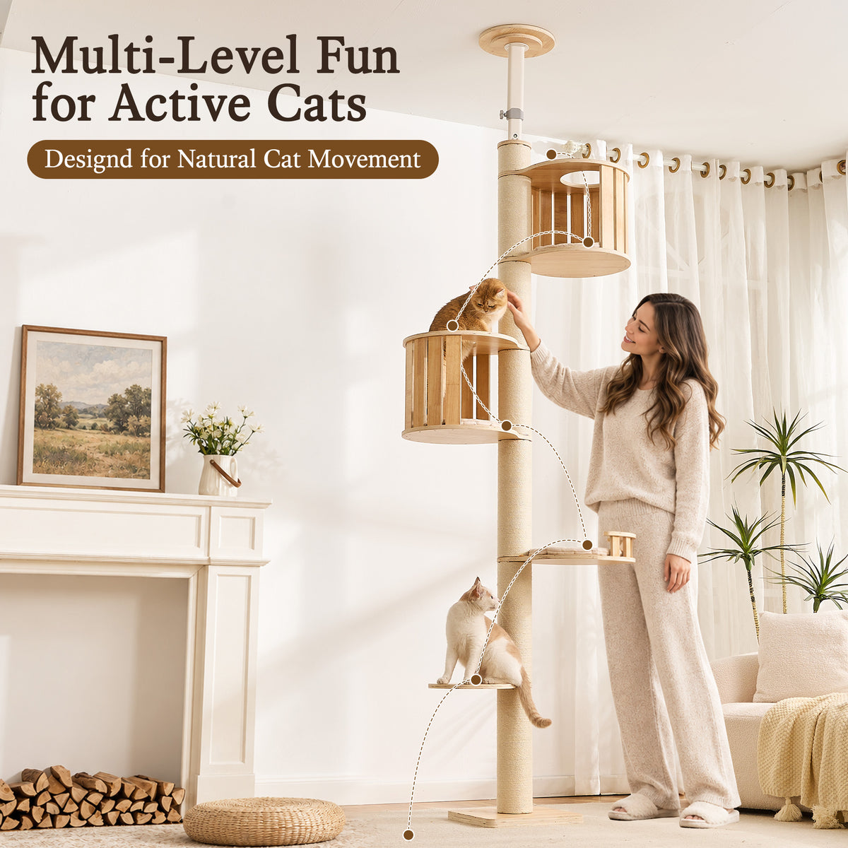 Floor to Ceiling Cat Tree, Adjustable 7.9–9.9 ft Tension Cat Tower, Modern Multi-Level Cat Tree with Thick Sisal Posts, Hidden Caves, Capsule & Perches, No Drilling