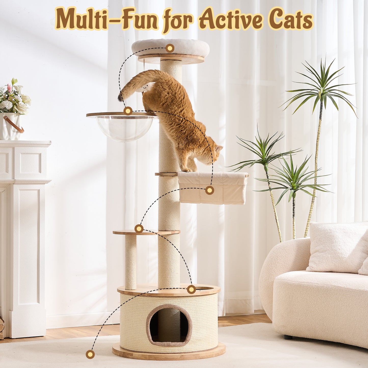 Kicari 64.2" Solid Wood Cat Tree Tower for Indoor Cats, Multi-Level Modern Cat Furniture with 20" Condo, Interchangeable Hammock & Capsule Bed, Chunky Scratching Posts for Active Cats up to 12 lbs