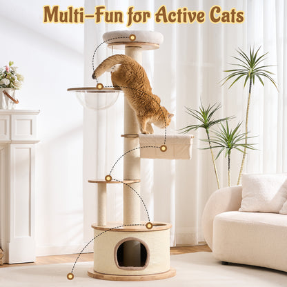 Kicari 64.2" Solid Wood Cat Tree Tower for Indoor Cats, Multi-Level Modern Cat Furniture with 20" Condo, Interchangeable Hammock & Capsule Bed, Chunky Scratching Posts for Active Cats up to 12 lbs