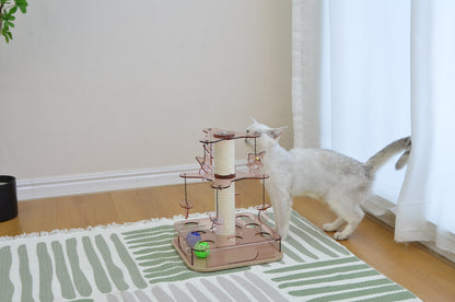 PawX Modern Aesthetic Cat Scratching Post  for Indoor Cats with Interactive Cat Toy, 2-Layer Spinning Teaser Disc with Dangling Toys, Acrylic, Pink