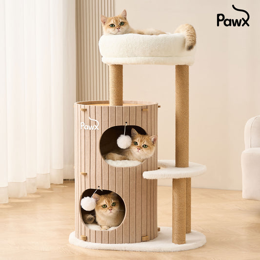 PawX Modern Cat Tree for Indoor Cats, 36in H Cat Condo Tower with Scratching Posts, Cozy Cat Bed Cave, Washable Cushions, Dangling Balls, Play & Nap Structure for All Breeds of Cats, Brown & White