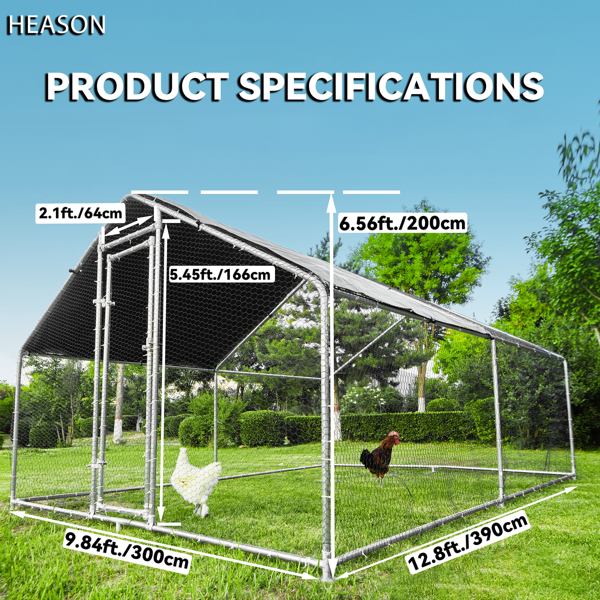 large metal chicken coop, heavy duty outdoor chicken run in, anti rust duck rubbit cage outdoor hen fence with waterproof uv resistant cover and secure lock for backyard