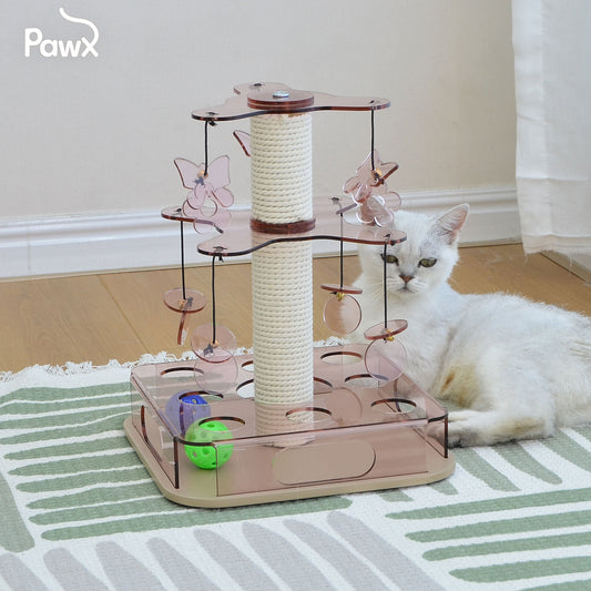 PawX Modern Aesthetic Cat Scratching Post  for Indoor Cats with Interactive Cat Toy, 2-Layer Spinning Teaser Disc with Dangling Toys, Acrylic, Pink