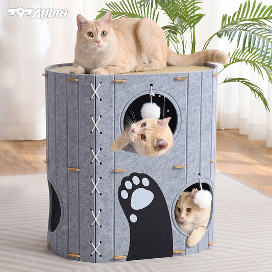 797Audio Cat House for Indoor Cats,2-Storey 23" x 15" x 23" Large Felt Covered Cat Cave for Multiple Cats, Clawsable Enclosed Cat Hideout Houses&Condos with Fluffy Ball, Cozy Scratch Resistant House