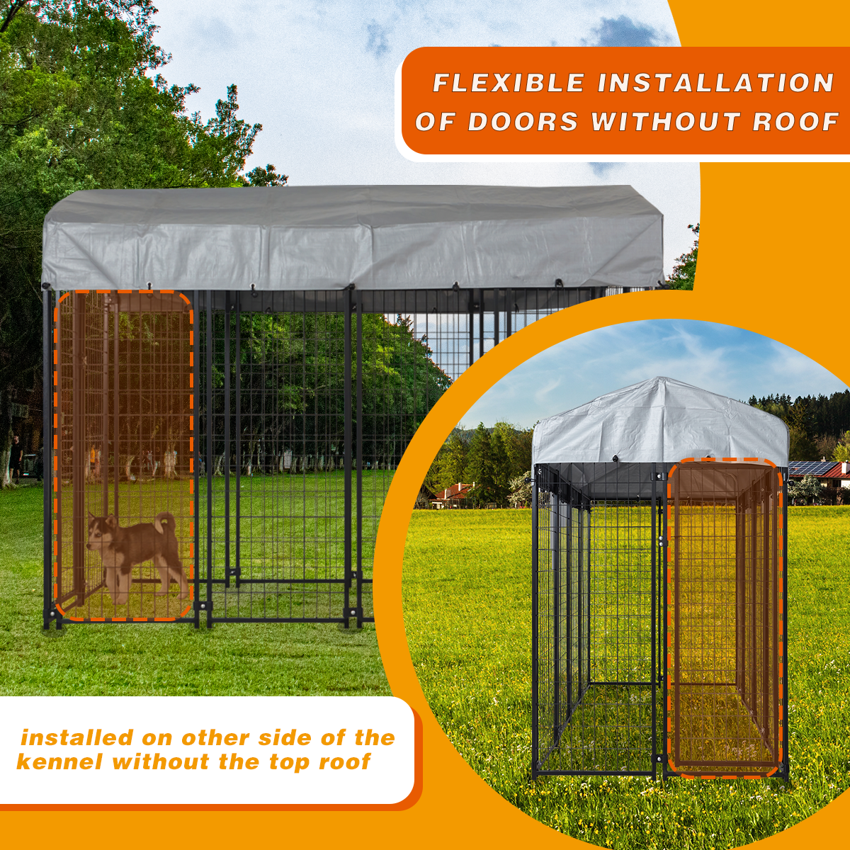 HITTITE Large Outdoor Dog Kennel, Heavy Duty Outdoor Dog Cage, Anti-Rust Dog Pens Outdoor with Waterproof UV-Resistant Cover and Secure Lock for Backyard,6'L x4' W x 6'H（with Roof）