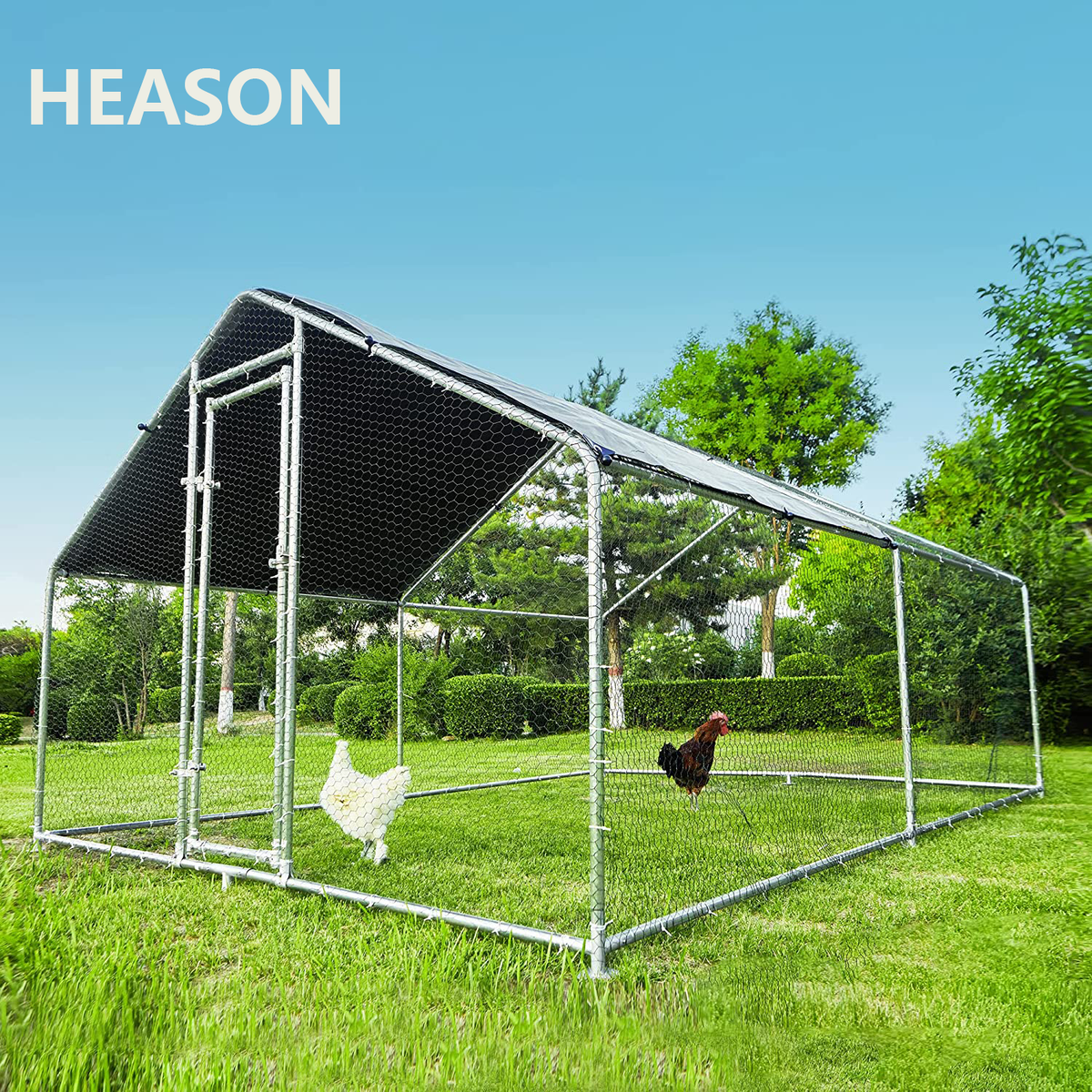 large metal chicken coop, heavy duty outdoor chicken run in, anti rust duck rubbit cage outdoor hen fence with waterproof uv resistant cover and secure lock for backyard