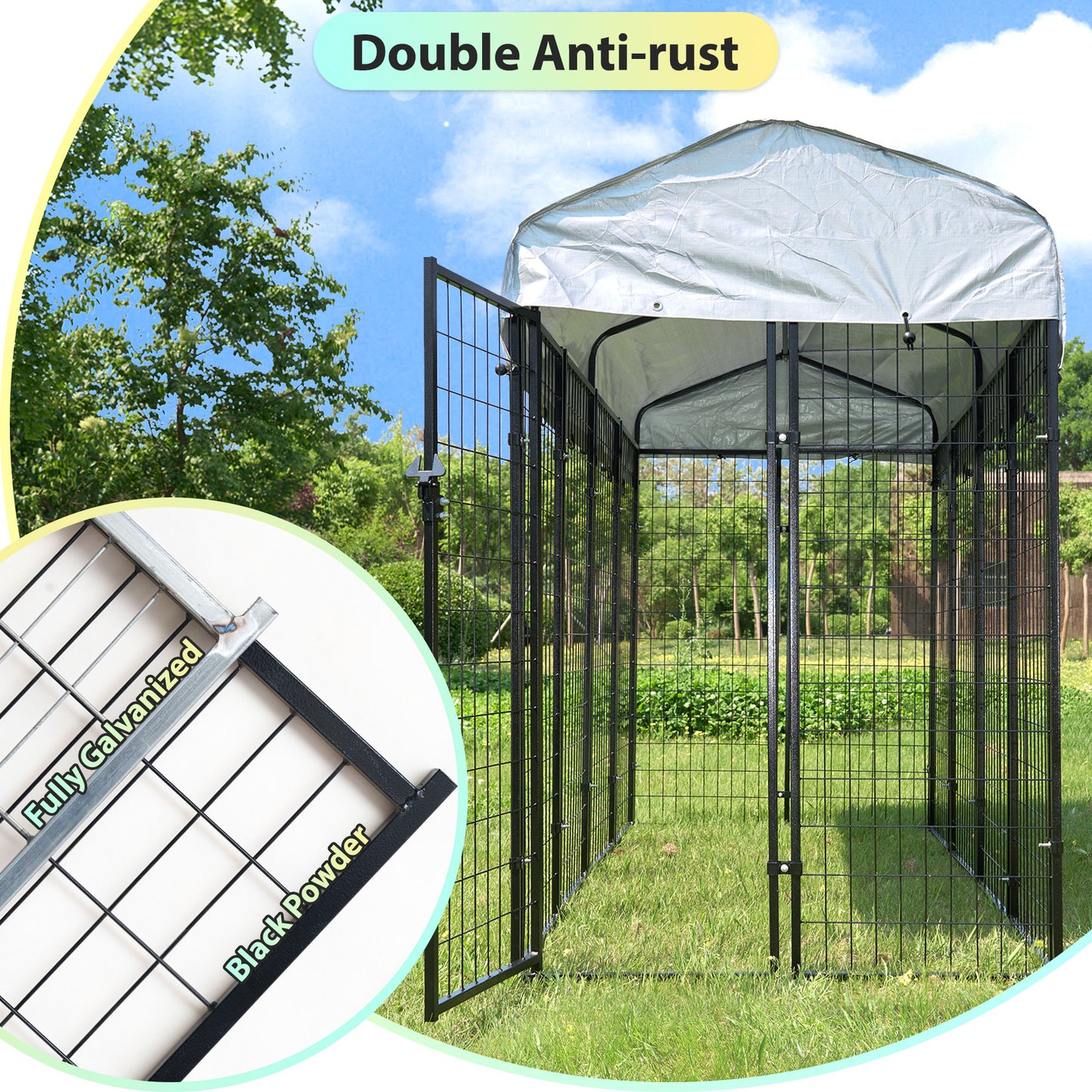 HITTITE Large Outdoor Dog Kennel, Heavy Duty Outdoor Dog Cage, Anti-Rust Dog Pens Outdoor with Waterproof UV-Resistant Cover and Secure Lock for Backyard,8'L x4' W x 6'H（with Roof）