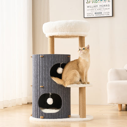 Kicari Modern Cat Tree for Indoor Cats, 36in H Cat Condo Tower with Scratching Posts, Cozy Cat Bed Cave, Washable Cushions, Dangling Balls, Play & Nap Structure for All Breeds of Cats, Brown & White