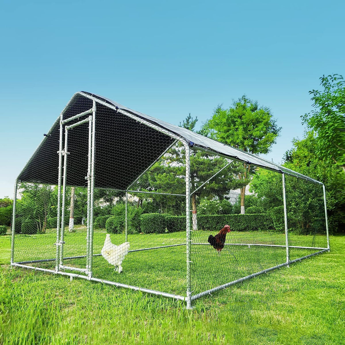 HITTITE Large Metal Chicken Coop Run for 6/8/10 Chickens,Heavy Duty Walk-in Poultry Cage with Cover,Outdoor Hen Rabbit Chicken Run in with Spire Shaped for &amp;Farm Yard（12.8&#39;Lx9.84&#39;Wx6.56&#39;H）