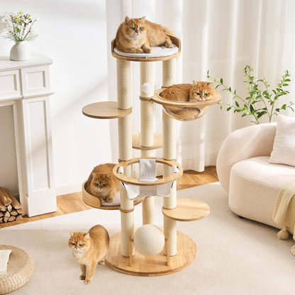 Hittite Modern Solid Wood Cat Tree Tower, 54" Tall Cat Tree with Scratching Posts, Capsule&Hammock, Luxury Natural Oak Wood Cat Tower, Aesthetic Multi-Level Cat Climbing Tree for Large Indoor Cats