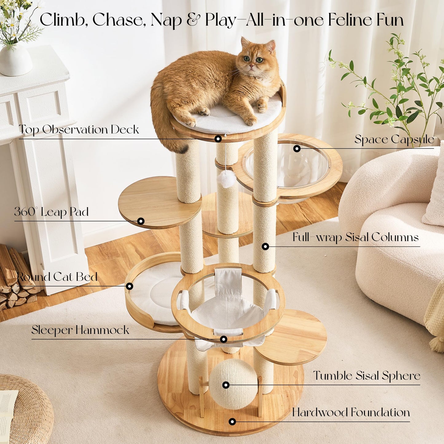 Hittite Modern Solid Wood Cat Tree Tower, 54" Tall Cat Tree with Scratching Posts, Capsule&Hammock, Luxury Natural Oak Wood Cat Tower, Aesthetic Multi-Level Cat Climbing Tree for Large Indoor Cats