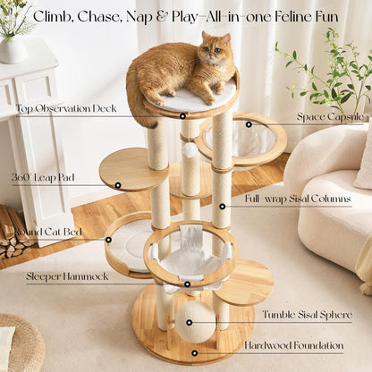 Hittite Modern Solid Wood Cat Tree Tower, 54" Tall Cat Tree with Scratching Posts, Capsule&Hammock, Luxury Natural Oak Wood Cat Tower, Aesthetic Multi-Level Cat Climbing Tree for Large Indoor Cats