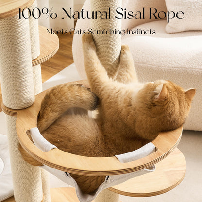 Hittite Modern Solid Wood Cat Tree Tower, 54" Tall Cat Tree with Scratching Posts, Capsule&Hammock, Luxury Natural Oak Wood Cat Tower, Aesthetic Multi-Level Cat Climbing Tree for Large Indoor Cats