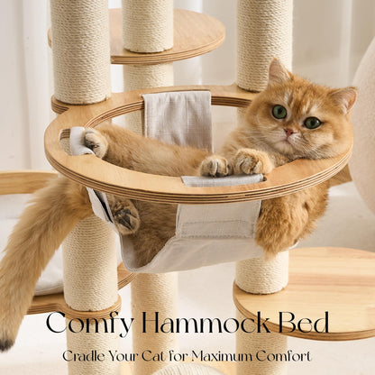 Hittite Modern Solid Wood Cat Tree Tower, 54" Tall Cat Tree with Scratching Posts, Capsule&Hammock, Luxury Natural Oak Wood Cat Tower, Aesthetic Multi-Level Cat Climbing Tree for Large Indoor Cats