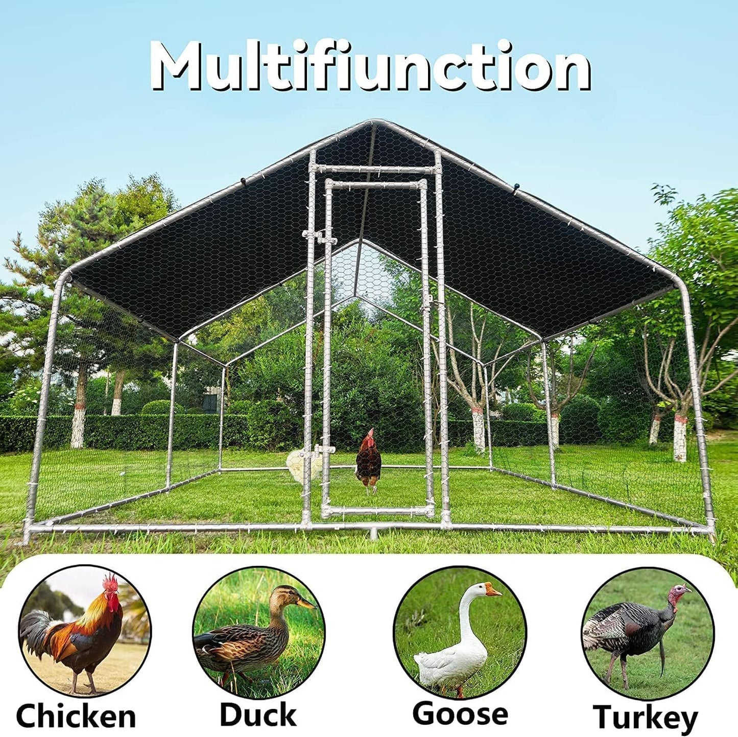 HITTITE Large Metal Chicken Coop Run for 6/8/10 Chickens,Heavy Duty Walk-in Poultry Cage with Cover,Outdoor Hen Rabbit Chicken Run in with Spire Shaped for &Farm Yard（12.8'Lx9.84'Wx6.56'H）